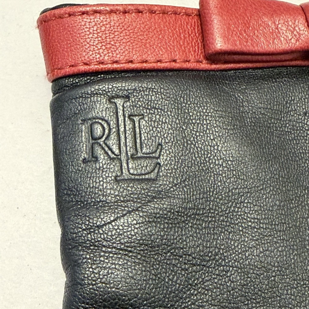 VTG Lauren Ralph Lauren Polo Black Leather Gloves Womens XL CBK Red Bow Preppy